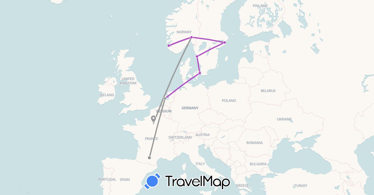 TravelMap itinerary: driving, plane, train in Denmark, France, Norway, Sweden (Europe)
