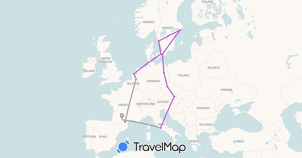 TravelMap itinerary: driving, plane, train in Austria, Czech Republic, Germany, Denmark, France, Italy, Netherlands, Sweden (Europe)